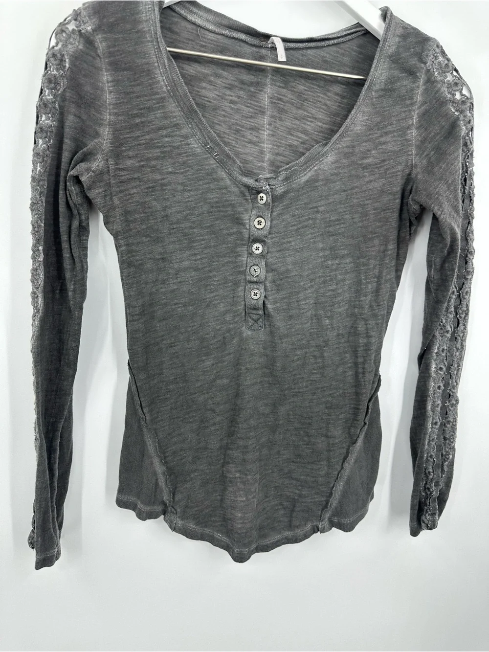 Free People Gray Henley Long Sleeve Cut Out Shirt Size Small Boho